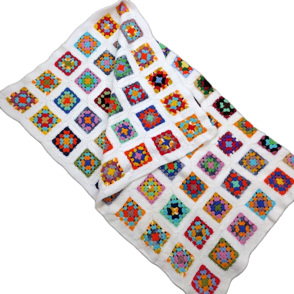 VTG "Rosanne" Granny Square Afghan Handmade Crochet Blanket 50" x 64" Boho Retro
